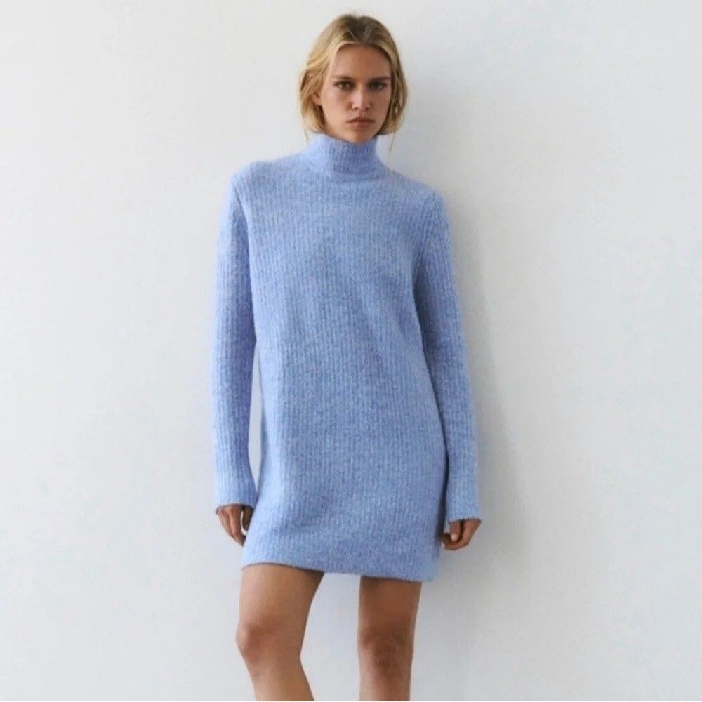 ZARA Wool Blend Sz M Ribbed Mock Neck Blue Long Sleeve Sweater Dress Pullover